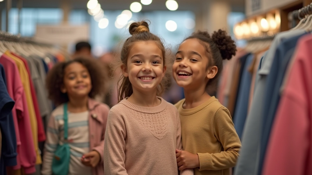Enfants essayant des vêtements dans un magasin avec des étiquettes de prix visibles