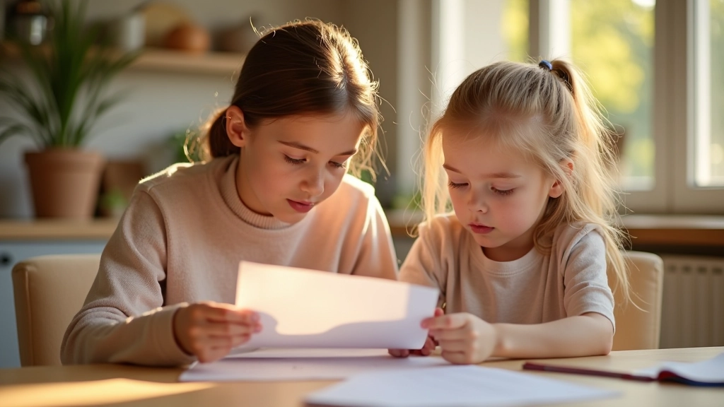 Parent et enfants examinant ensemble une liste de fournitures scolaires avec un crayon et un bloc-notes