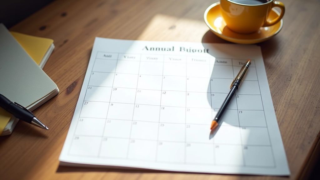 Calendrier de budget annuel ouvert sur un bureau avec stylo et café
