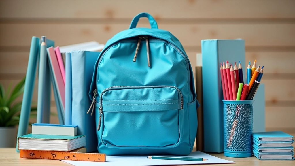 Fournitures scolaires rangées dans un cartable bleu