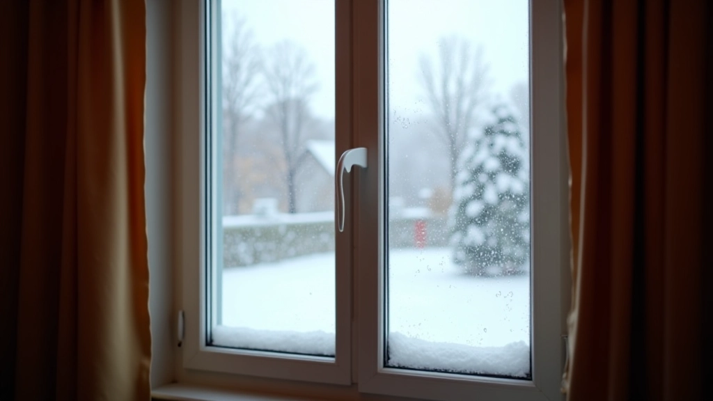 Fenêtre en hiver avec givre à l'extérieur et intérieur chaud, vue depuis l'intérieur d'un salon douillet