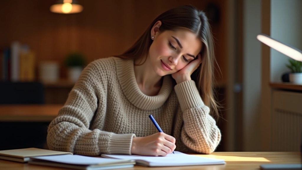 Femme assise à un bureau, écrivant un budget de Noël dans un carnet, avec des calculs visibles et une tasse de café à côté