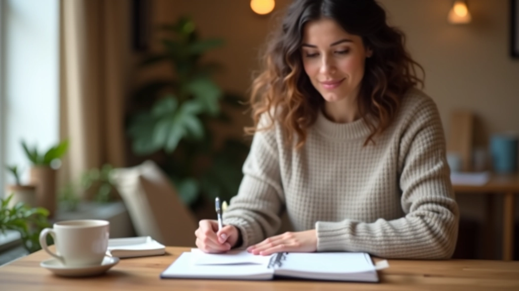 Femme écrivant dans un carnet de budget avec un café chaud sur le bureau